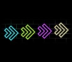 Set of colorful neon arrows, web icons. Neon arrow signs collection. Bright arrow pointer symbols on brick wall background. Banner design, bright advertising signboard elements. illustration. vector