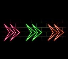 Neon arrow signs collection. Bright arrow pointer symbols. Set of colorful neon arrows, web icons on brick wall background. Banner design, bright advertising signboard elements. illustration. vector