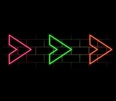 Two neon indicators on brick wall. Download and next symbol. Colorful pointer. Bright flyer. Simple arrow. Glowing poster. Editable stroke. stock illustration vector