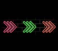 Neon arrow signs set. Bright arrow pointer symbols on brick wall background. Collection of colorful neon arrows, web icons. Banner design, bright advertising signboard elements. illustration. vector