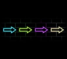 Neon multi-colored arrows, pointers with a glow on the tip. Different shapes and directions from bottom to top, reversal, curved and straight. 3d realistic VFX effects. vector