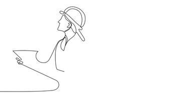 Continuous line animation of architects and builders going over blueprint designs at a construction site. video