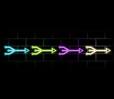 Neon frame. Set of neon arrows in different colors. Laser glowing lines on a dark background. Neon glowing pointer. vector
