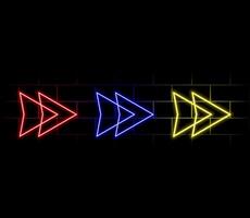 Neon arrow sign. Set of orange glowing neon arrow pointer on brick wall background vector