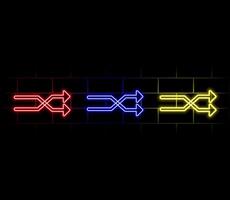 Neon right arrows colourful icons set. Realistic glowing pointers on transparent background. Location indicator for casino, bar, cinema, nightclub and motel, isolated symbol pack. vector