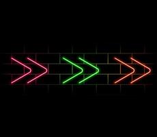 Glowing neon arrow pointer at dark set realistic illustration. Collection colorful retro shining light sign street signboard. Electricity illuminated information frame outside design decoration vector