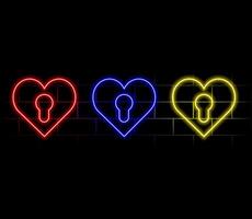 Gradient neon heart frames set. Glowing borders isolated on a dark background. vector