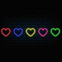 Neon heart frames, gradient glowing borders set, vibrant geometric shapes, modern signs collection. Colorful futuristic Valentines Day design elements. illustration. vector