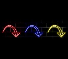Neon futuristic arrow sign. Set of colorful glowing neon arrow pointer on brick wall background vector