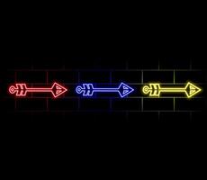 Neon arrow lamp wall sign isolated on transparent background. red power glowing bulb banner, light line or neon element. vector