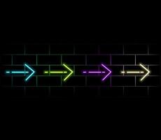 Neon arrow signs set. Bright arrow pointer symbols on brick wall background. Collection of colorful neon arrows, web icons. Banner design, bright advertising signboard elements. illustration. vector
