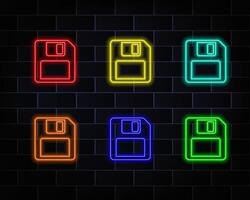 Glowing neon line Floppy disk for computer data storage icon isolated on brick wall background. Floppy disk sign. illustration. red, yellow, blue, orange and green. vector