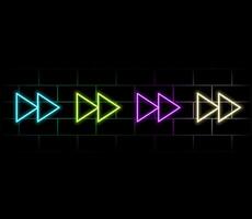 Neon arrow icon. Glowing neon pointer sign, straight arrow in vivid colors. Retro navigation, arrow direction forward back down up. Icon set, sign, symbol for UI. illustration vector