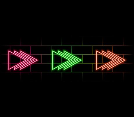 Neon Arrow Set. 3d Set of Glossy Arrows in Different Directions. Up, Right, Down, Left Shiny Arrow Buttons. Set of Light Blue Icons for Web and Mobile Game Design on Isolated Dark Background.