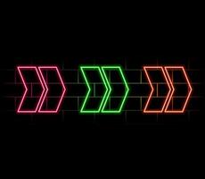 Neon arrow. Glowing pointer sign on black background. Colorful and bright retro light symbol. design element. vector