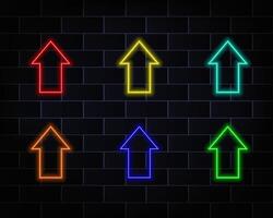 Swipe up the neon sign. Isolated glowing neon arrow pointer. Realistic glowing glowing neon arrow. Button for social media. red, yellow, blue, orange and green. vector