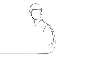 Animated drawing of continuous line draw architect meeting at construction site to talk blueprint design to team member. Building architecture concept. Single line animation. High quality 4k footage video