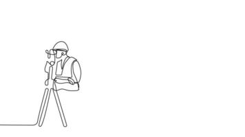 Animated drawing of continuous line draw architect meeting at construction site to talk blueprint design to team member. Building architecture concept. Single line animation. High quality 4k footage video