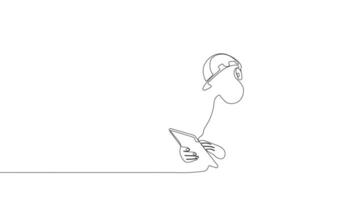 Animated drawing of continuous line draw architect meeting at construction site to talk blueprint design to team member. Building architecture concept. Single line animation. High quality 4k footage video