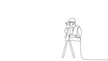 Animated drawing of continuous line draw architect meeting at construction site to talk blueprint design to team member. Building architecture concept. Single line animation. High quality 4k footage video