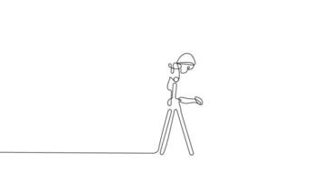 Animated drawing of continuous line draw architect meeting at construction site to talk blueprint design to team member. Building architecture concept. Single line animation. High quality 4k footage video