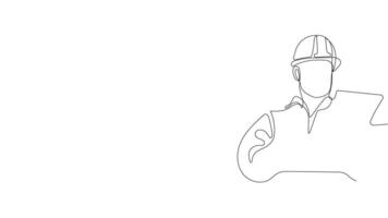Animated drawing of continuous line draw architect meeting at construction site to talk blueprint design to team member. Building architecture concept. Single line animation. High quality 4k footage video