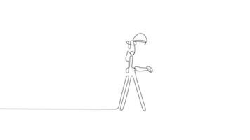 Animated drawing of continuous line draw architect meeting at construction site to talk blueprint design to team member. Building architecture concept. Single line animation. High quality 4k footage video