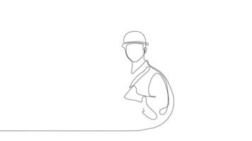 Animated drawing of continuous line draw architect meeting at construction site to talk blueprint design to team member. Building architecture concept. Single line animation. High quality 4k footage video