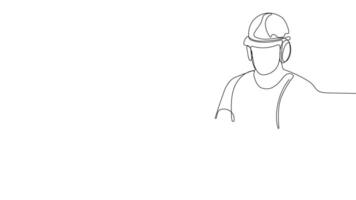 Animated drawing of continuous line draw architect meeting at construction site to talk blueprint design to team member. Building architecture concept. Single line animation. High quality 4k footage video