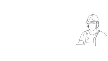Animated drawing of continuous line draw architect meeting at construction site to talk blueprint design to team member. Building architecture concept. Single line animation. High quality 4k footage video
