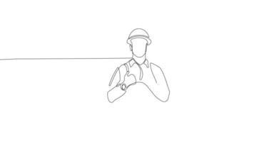 Animated drawing of continuous line draw architect meeting at construction site to talk blueprint design to team member. Building architecture concept. Single line animation. High quality 4k footage video