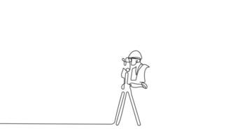 Animated drawing of continuous line draw architect meeting at construction site to talk blueprint design to team member. Building architecture concept. Single line animation. High quality 4k footage video