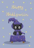 Happy Halloween card. A cat sits in front of a magic ball at a table with a purple tablecloth with stars. Postcard on a blue background with yellow stars. For card, postcards, banner, poster. vector