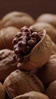 Vertical of macro walnut nut food video
