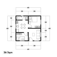 Floor plan blueprint type 36 sqm, Figure of the jotting sketch of the construction and the industrial skeleton of the structure and dimensions. vector