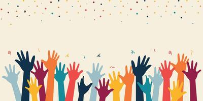 Raised hands of volunteer group, colorful banner. vector