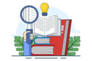 book reference concept, library, idea, brainstorming, education and reading. Ideas and inspiration. stack of books and light bulb. literature, educational design, Symbol or icon. illustration. vector