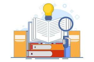 book reference concept with library and stack of books and light bulb. literature, educational design, ideas, brainstorming, education and reading. Ideas and inspiration. illustration. vector