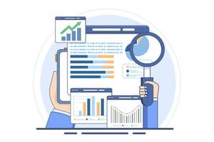 analysis and monitoring concept, web reporting dashboard and data analysis research for business financial planning. Flat illustration design. vector