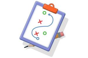 Planning strategy concept. Business tactics. Pencil and clipboard. Graphic project analysis. Scheme of actions on a white sheet. Plan to achieve the goal. Flat illustration on a background. vector