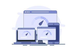 Internet speed concept. Smartphone, laptop and computer with internet connection speed test on screen, internet download speed and network performance on flat web page illustration. vector
