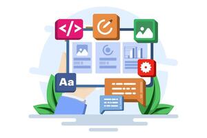Concept of developer building a website Front-end user interface, UI UX, Software development, Web design, App design, Coding, Web development. ilustration. vector