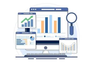 analytics and monitoring concept, data analytics research for business financial planning. web reporting dashboard, Flat illustration design in background. vector