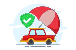 Car protection service concept, car repair warranty guarantee for a certain period of time, vehicle protected with key guard or umbrella security banner. Flat cartoon website landing page. vector