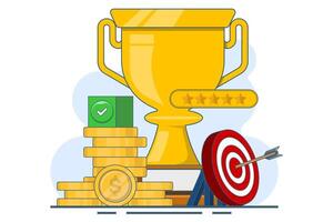 Goals and achievements, Business goals, achievement and success concept. Arrows hit the target with a big cup, target, target center, business. vector
