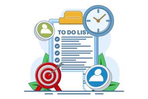 Checklist concept. Clipboard with checklist and check marks. Completed tasks, successful teamwork, Business plan, marketing strategy, survey. Flat illustration. vector