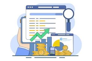 Search engine marketing analysis concept, Pay per click. SEO optimization, Digital marketing and paid promotion on social media networks, Data marketing, Paid marketing campaigns, illustrations. vector