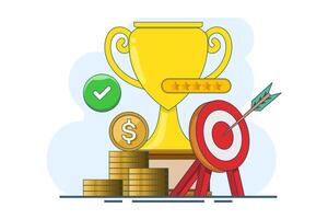 Goals and achievements, Business goals, achievement and success concept. Arrows hit the target with a big cup, target, target center, business plan, problem solving, design illustration. vector