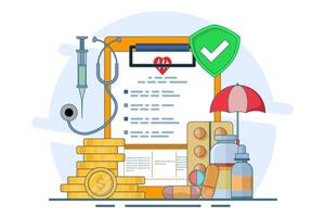 Healthcare concept explained through attractive visuals on the theme of co-payments, coverage and deductibles, featuring interaction with financial elements, flat . vector