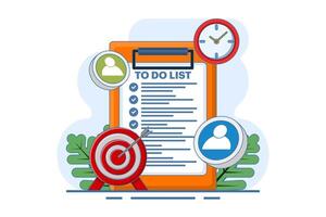 Checklist concept. Survey, completed tasks, Clipboard with checklist and check marks. Business plan, marketing strategy, successful teamwork. Flat illustration on background. vector